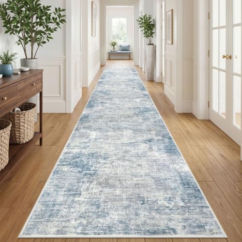 Abstract Runner Rug 3x18 Ft Washable Runners for Hallways (Light Blue/Grey/White / 3' x 18' (Rectangular))