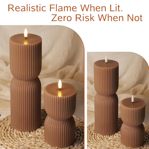 Brown Ribbed Fall Flameless Pillar Candles with Remote Set of 2 (Brown)