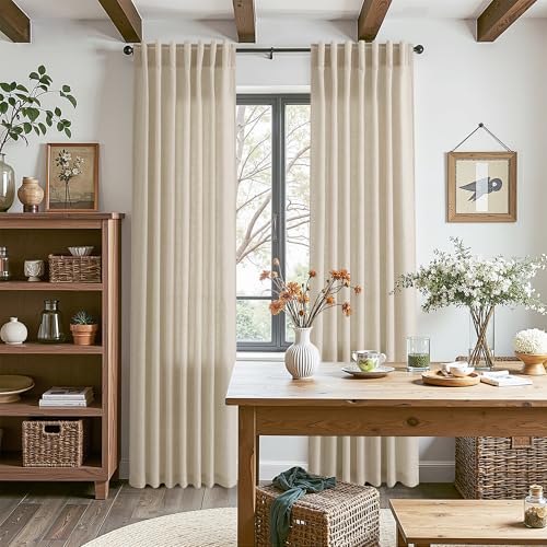 Eggshell Beige Linen Curtains for Living Room 98 Inches Long Light Filtering Semi Sheer Curtain Back Tab Rustic Farmhouse Decor Burlap Luxury Boho Drapes for Bedroom Dinner Room 52x98 (52"W x 98"L (Pack of 2) / Eggshell Beige)