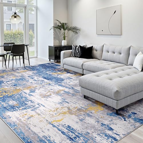 Washable 10'x14' Abstract Area Rug for Living Room Blue Gold (Blue/Gold / 10' x 14' (Rectangular))