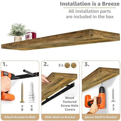Floating Shelves for Wall Storage (Rustic Brown / 55 Inch / 3 Pack)