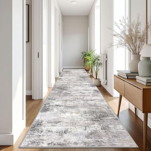 Abstract Runner Rug 3x16 Ft Washable Runners for Hallways (Ash Grey/Beige / 3' x 16' (Rectangular))