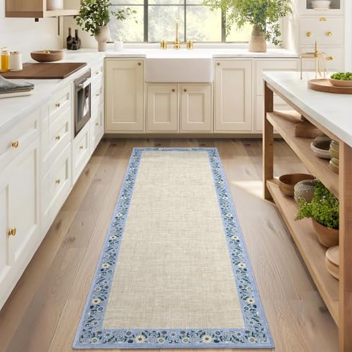 Entryway Rug 2x6 Modern Bordered Runner Rug Washable Kitchen Runners for Hallway Non (Beige/Blue / 2' x 6' (Rectangular))
