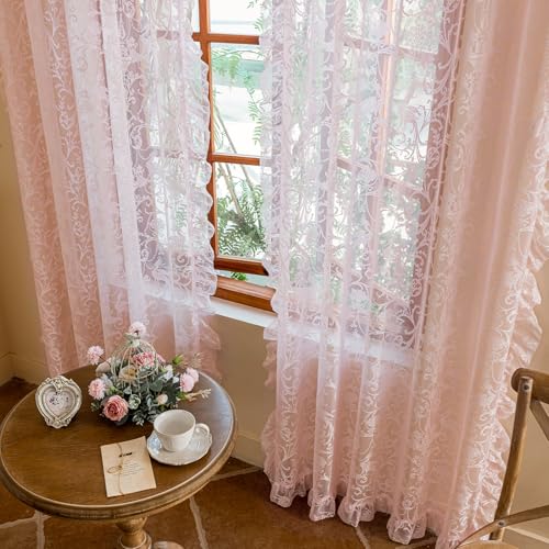 Pink Lace Curtains 63 Inch Length (59"W x 63"L (Pack of 2) / Pink)
