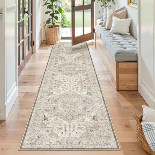 Hallway Runner Rug 2x8 Washable Kitchen Rugs Non (Ivory/Brown / 2' x 8' (Runner))