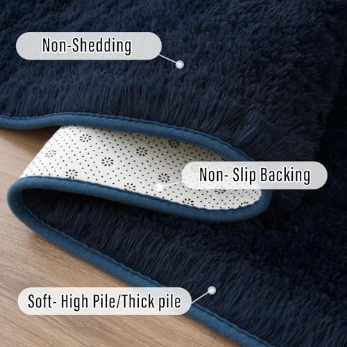 Shag Fluffy Runner Rug for Bedroom Girls Living Room (2' x 6' (Runner) / Navy Blue)
