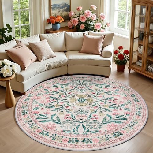 Round Area Rug Living Room (Pink/Green / 6' (Round))