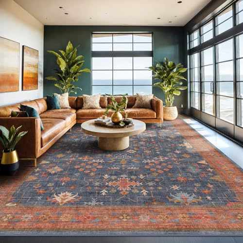 Boho Navy Blue 10x14 Area Rug for Living Room (10' x 14' (Rectangular) / Blue / Terracotta)