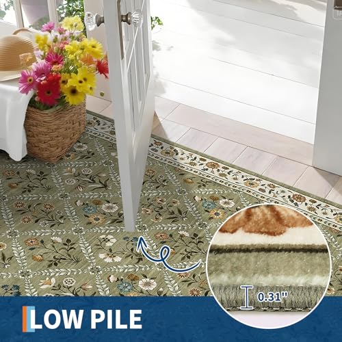 8x10 Washable Large Living Room Rug Water Resistant Distressed Vintage Floral (Green/Spring / 8' x 10' (Rectangular))
