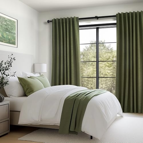 Green Blackout Curtains 95 Inches Long 2 Panels Set Room Darkening Vintage Farmhouse Country Linen Curtain Drapes for Bedroom Heavy Duty Thick Soundproof Viral Pleated Drapes (Olive Green / 52"W x 95"L (Pack of 2))