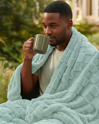 Plush Checkered Fleece Blanket Sage Green Throw (Sage Green / Throw)