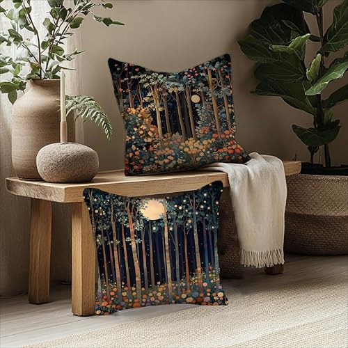 Vintage William Morris Moon Inspired Forest Decor Throw Pillow Covers 18x18 Set of 2 (Forest-black Orange -15 / 18" x 18" (Pack of 1))