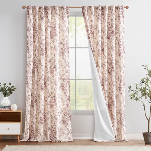 Floral Lined Linen Curtains 108 Long for Living Room 2 Panels (Lined Brick Red / 50"W x 108"L (Pack of 2))