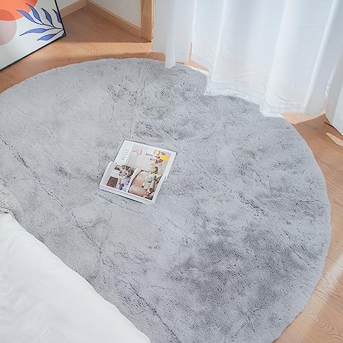 Grey Round Rug 3ft Machine Washable Shaggy Area Rugs for Living Room Faux Bunny Fluffy Fur Rug for Bedroom Small Circle Nursery Rug (3' (Round) / Grey)