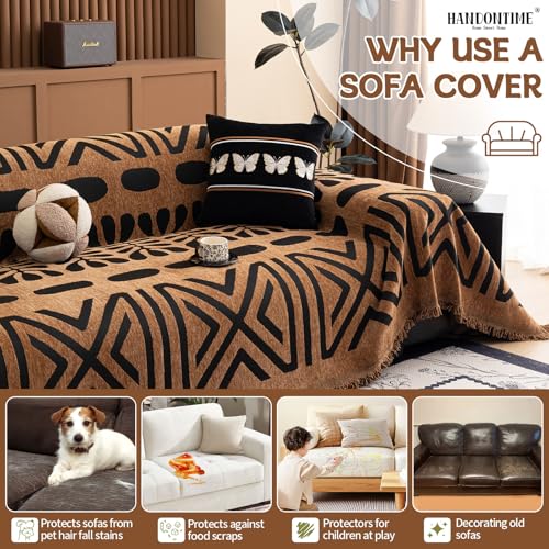 Geometric Boho Couch Cover for Sofa Decor (71" x 118" / Stripe: Brown and Black)