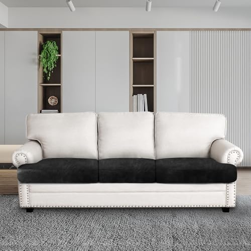 Leather Look Couch Cushion Covers Sofa Seat Slipcovers Sets Couches Furniture Protector for Sectional Armchair Loveseat Pets Kids Stretch Spandex Fabric (3 T-Cushion Sofa / Black)