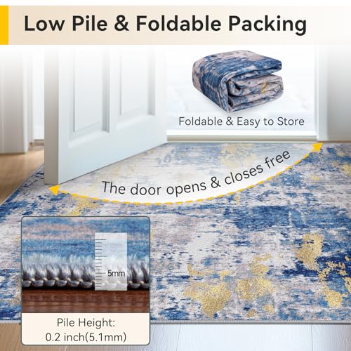 Washable Square 6'x6' Area Rug for Living Room Blue Gold (Blue/Gold / 6' x 6' (Square))