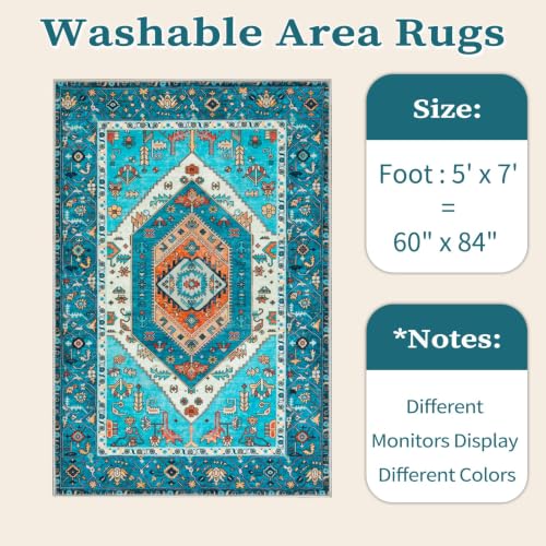 5x7 Washable Non Slip Boho Area Rug for Living Room (Blue/Multi / 5' x 7' (Rectangular))