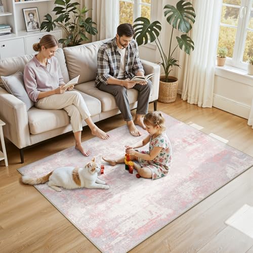 Washable 4'x6' Abstract Area Rug for Living Room Gray Pink (Gray/Pink / 4' x 6' (Rectangular))