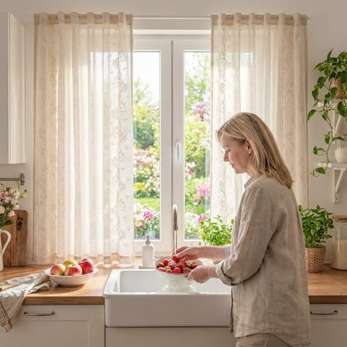 Floral Linen Curtains 63 Inch Farmhouse Back Tab 2 Panels (Vine | Ivory / 50"W x 63"L (Pack of 2))
