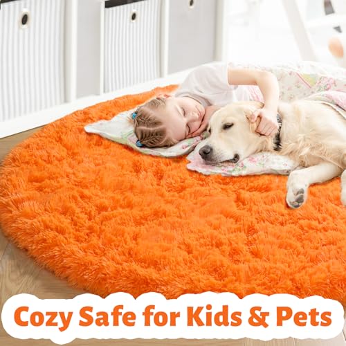 Orange Round Shag Kids Rug 4Ft for Bedroom Living Room Classroom (Orange / 4' (Round))