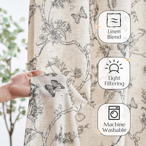 Black Floral Linen Curtains Lined 84 Inch Vintage Back Tab 2 Panels (Charlotte Black / 50"W x 84"L (Pack of 2))
