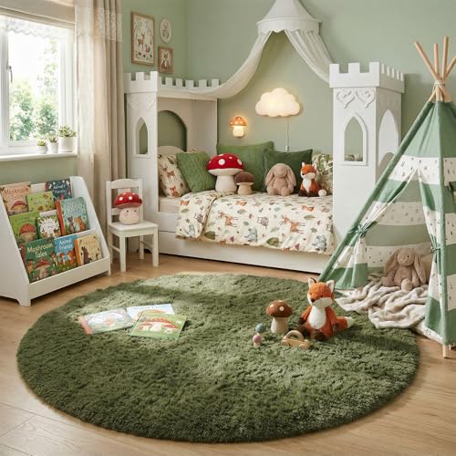 Olive Green Round Shag Area Rug 4Ft for Bedroom Living Room Office (Olive Green / 4' (Round))