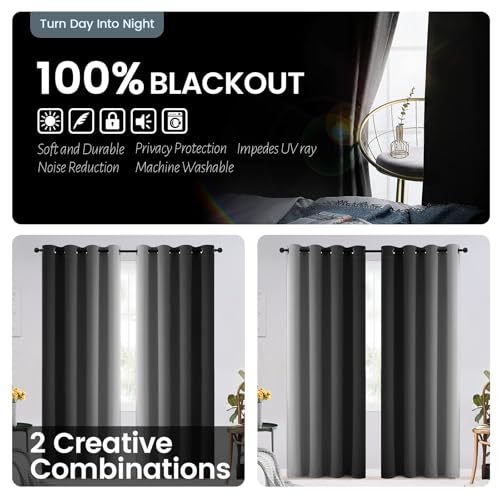 100% Blackout Ombre Bedroom Curtains Black and Greyish White (52"W x 45"L (Pack of 2) / Black White)