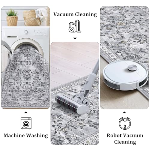 2x8 Washable Hallway Runner Rug Non Slip Floral Carpet (Grey / 2' x 8')