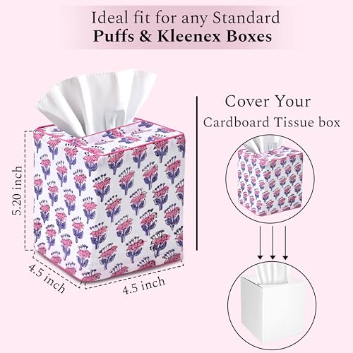 CPC Pink Sapphire Block Print Square Tissue Box Cover 100% Cotton (Pink Sapphire)