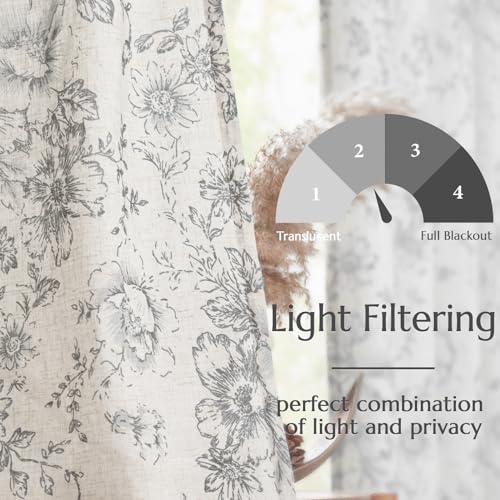 Vintage Floral Linen Curtains 54 Long for Living Room 2 Panels (Grey / 50"W x 54"L (Pack of 2))