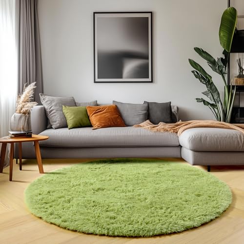Grass Green Fluffy Round Rug Circle Area Rugs 4ft for Kids Teen Bedroom (Green / 4' (Round))