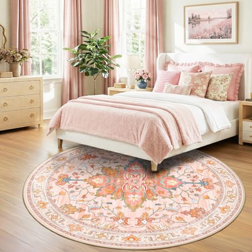 Washable Area Rug (Pink/Light Pink/Colorful / 8' (Round))