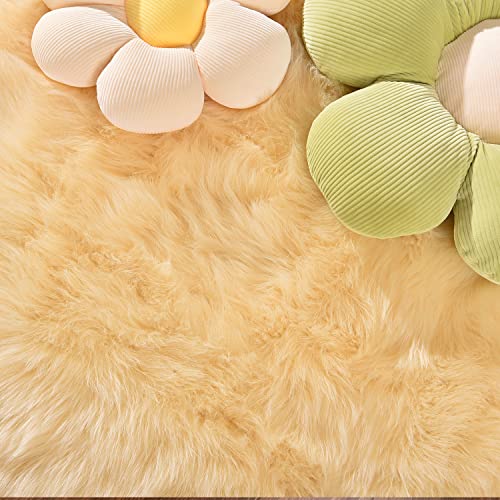 Yellow Rug for Bedroom Runner 2x5 Washable Faux Sheepskin Fur Rug Fluffy Shag Rugs for Chair Cushions Luxury Room Décor (2' x 5' (Runner) / Light Yellow)