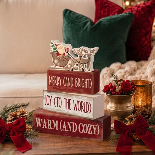4 Pcs Christmas Table Decoration for Home Wooden Santa Sleigh Signs (Santa Claus Gifts)