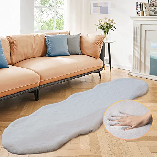 Faux Rabbit Fur Washable Rugs for Bedroom Light Grey Fluffy Rug for Living Room Non Slip Faux Fur Rug for Hallway 2x6 Shaped Rugs (2' x 6' (Oblong) / Grey)