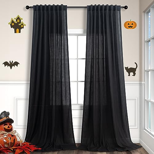Black Linen Curtains 84 Inch Length for Living Room 2 Panel Back Tab Pocket Muslin Light Filtering Semi Privacy Thick Sheer Floor Length Curtain for Mens Bedroom Man Cave Modern Farmhouse Gothic Decor (52"W x 84"L (Pack of 2) / Black)