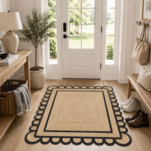 Scalloped Natural Jute Area Rug 4x6 Ft (Black / 4' x 6' (Rectangular))