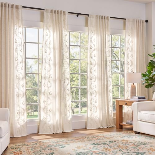 Floral Linen Curtains 90 Inch Farmhouse Back Tab 2 Panels (Ivory / 50"W x 90"L (Pack of 2))