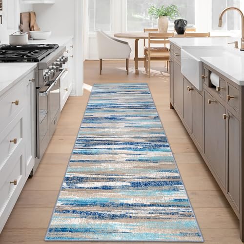 Abstract Washable 3x8 Runner Rug Non Slip Runners for Hallway (Blue Aqua/Beige Taupe Multi / 3' x 8' (Runner))