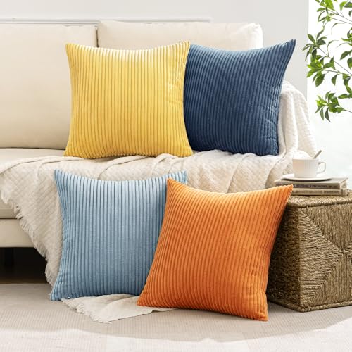 Soft Corduroy Decorative Throw Pillow Covers Blue (18" x 18" (Pack of 4) / Blue-orange)