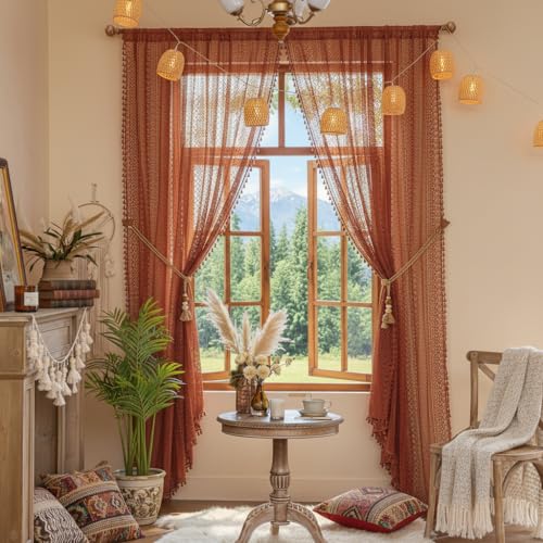 Boho Lace Curtains 84 Inches 2 Panel (59"W x 84"L (Pack of 2) / Burnt Orange)
