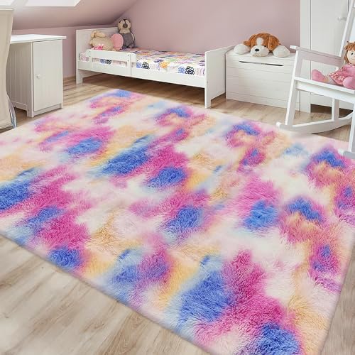Fluffy Rainbow Colorful Rug for Living Room 6x9 Kawaii Rainbow Tie Dye Area Rug Fuzzy Indoor Floor Unicorn Rug for Bedroom Girls Kids Nursery Baby Princess Room Dorm Home Decor Aesthetic Carpets (Tie-dyed Colorful / 6' x 9' (Rectangular))