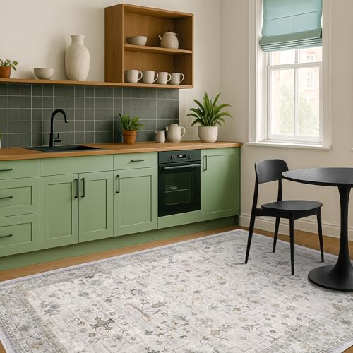 Boho Washable 5x7 Living Room Rug (5' x 7' (Rectangular) / Light Gray / Sage)