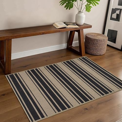 Striped Easy Jute Kitchen Rug 2x3 Entryway Rug Front Door Mat (2'*3'(Rectangular) / Black/Striped)
