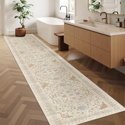 Washable Runner Rugs 2x12 Long for Hallway Kitchen Soft (Beige/Blue / 2' x 12' (Runner))