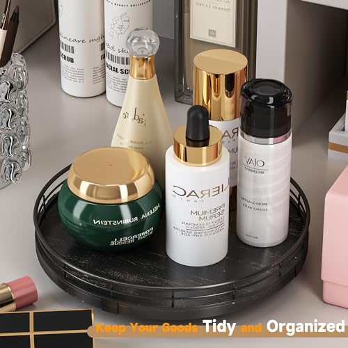 10 Inch Oak Lazy Susan Vanity Tray with Black Brushed Gold Rail (Black / 10 inches)