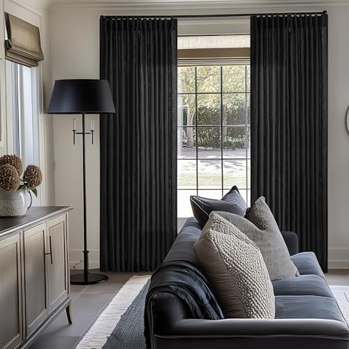 Black Pinch Pleated Linen Semi Sheer 120 Inch Curtains 2 Panels (Black / 40"W x 120"L (Pack of 2))