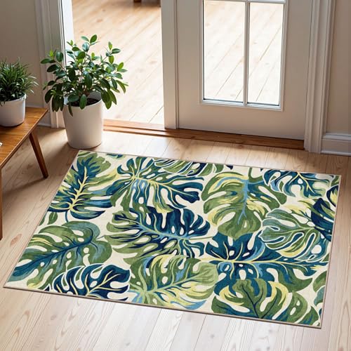 Front Door Mat Outside Entrance (Monstera Leaf - Green Navy / 2' x 3' (Rectangular))