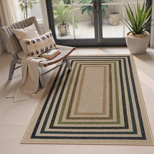 Mid Century Modern Easy Jute Rug (3' x 5' (Rectangular) / Nature/Colorful Border)